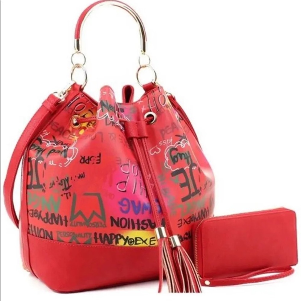 Graffiti print 2 way drawstring satchel wallet set